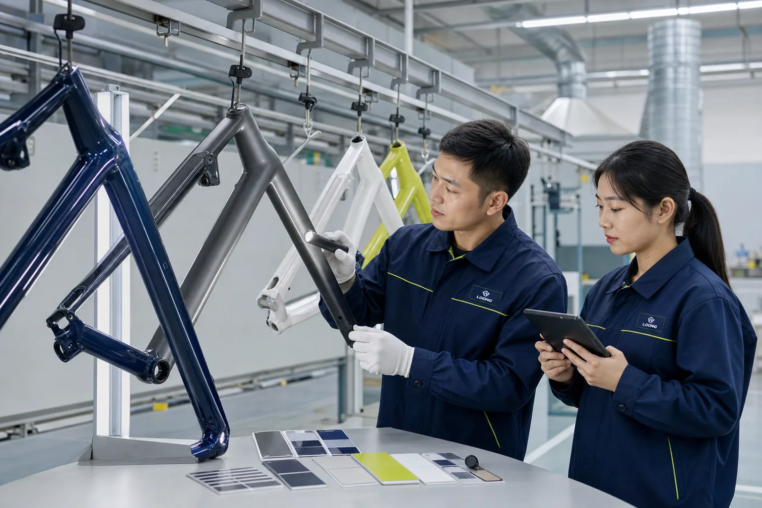 LOONG technicians inspecting bicycle frame finishes and color consistency