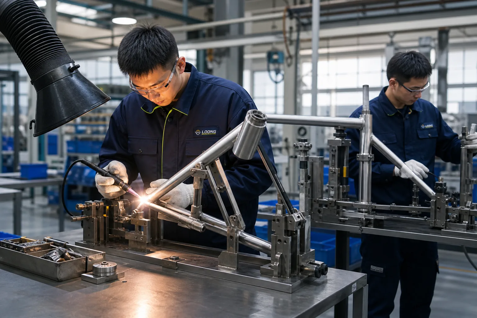 LOONG technicians preparing and welding a bicycle frame in a modern Chinese factory