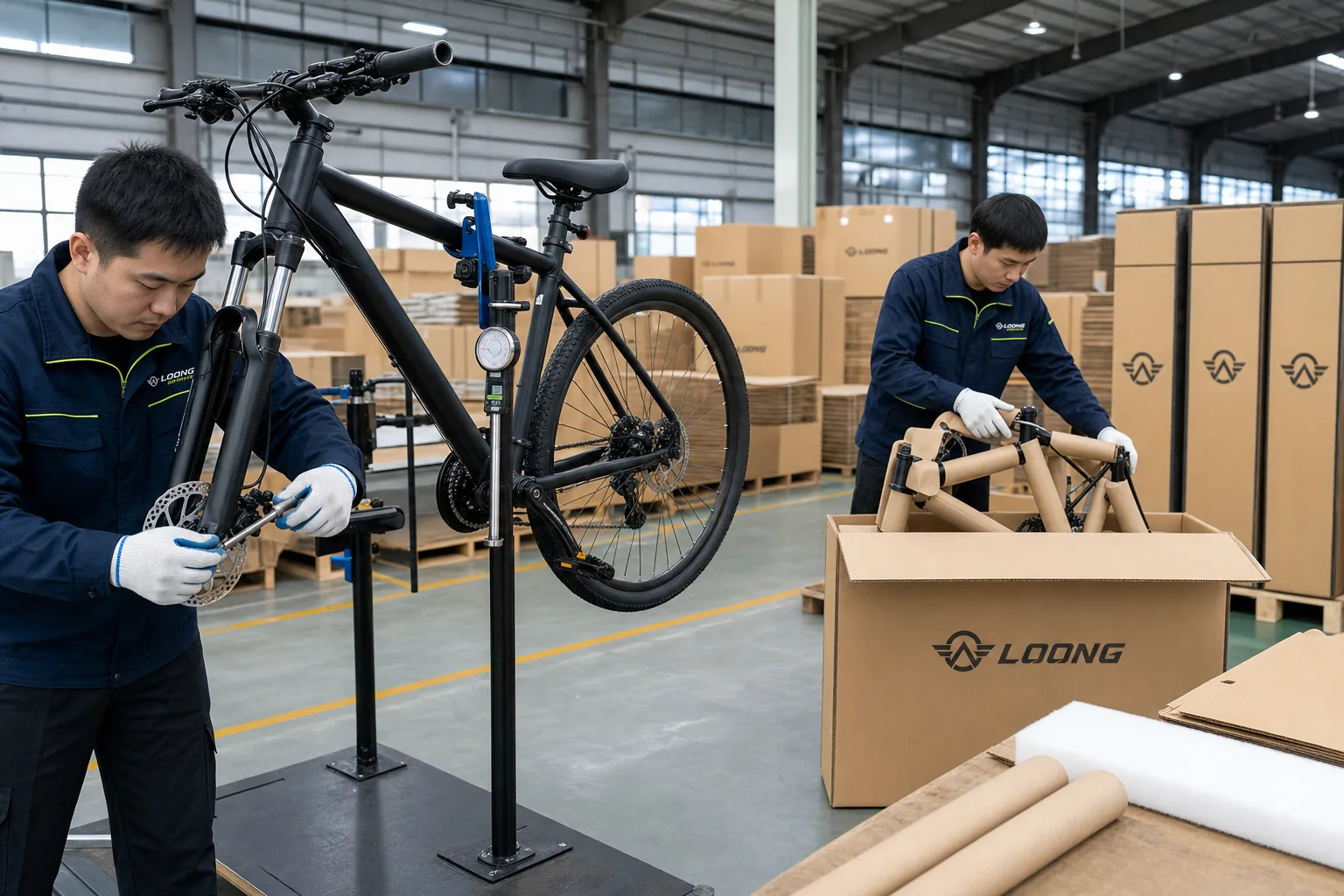 LOONG technicians inspecting and packing bicycles for export