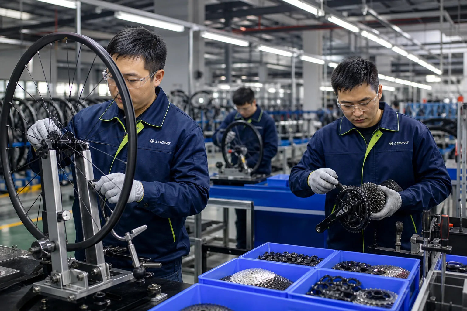 LOONG technicians assembling bicycle wheels and drivetrain components