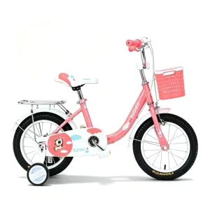 14 Inch Girls Kids Bicycle with Basket & Training Wheels Cute Cartoon Pattern Steel Frame Children Bike for Outdoor