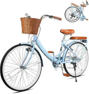 20 Inch Folding Beach Cruiser Bike for Women 7-Speed Foldable Bicycle with Basket & Rack