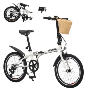 20 Inch Folding Mountain Bike for Adults Steel Frame 6 Speed Dual V Brakes 220LBS 11 Inch Frame with Basket Fenders Phone Holder