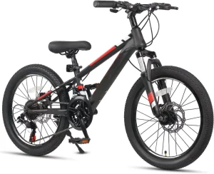 20 Inch Kids Mountain Bike for Boys Girls Aged 6-14 21-Speed Full Shockproof Frame Front Suspension Ordinary Pedal Disc Brake