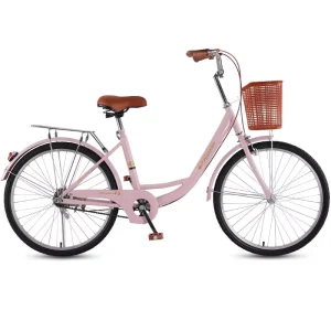 24/26 Inch Women’s City Bike with Basket and Rear Rack Comfortable Step-Through Commuter Bicycle for Ladies