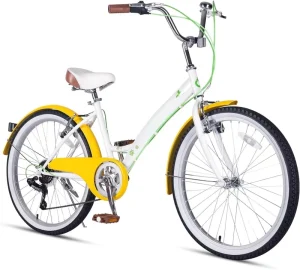 24-Inch 6-Speed Steel Frame Beach Cruiser Bike for Girls Ages 8+ Dual V-Brakes Adjustable Seat Yellow Fenders
