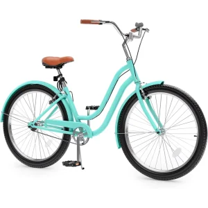 24 Inch Beach Cruiser Bike 7 Speed Single Speed Commute Bike Step Through Bicycle for Adult Steel Frame Cruiser Bike