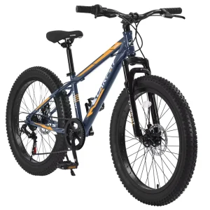 24 Inch Kids Fat Tire Mountain Bike High Carbon Steel Frame Full Shimano 7 Speed Dual Disc Brakes 4 Inch Tires Front Suspension
