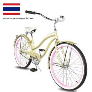 26-Inch Single-Speed Women’s Classic Beach Cruiser Bicycle with Steel Fork, Fat Tires, Fixed-Gear Aluminum Alloy Rims, and a Hard Frame