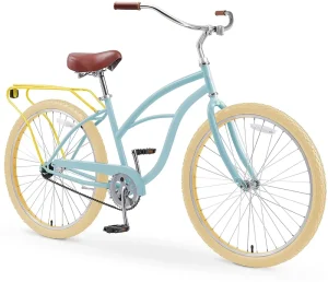 26-Inch Aluminum Beach Cruiser Bicycle, Lightweight Single-Speed Rust-Resistant Alloy Frame, Vintage Bike with Comfortable Saddle and Whitewall Tires
