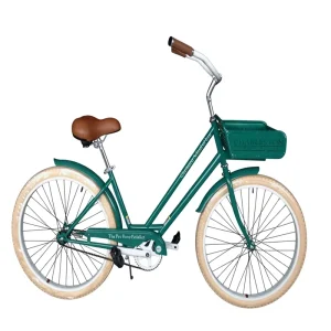 26-Inch Vintage City Cruiser Bicycle for Women with Front Basket, Comfortable Saddle and Cream-Colored Tires, Classic Dark Green