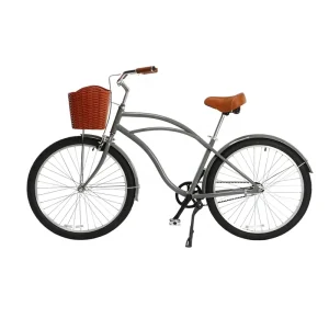 26-Inch Single-Speed Steel-Frame Bicycle with Brakes and Basket, Custom Unisex Traditional Beach Bike