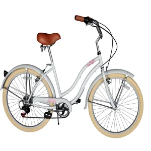 26-Inch 7-Speed Women’s Beach Cruiser Bike, Vintage Ladies’ Retro Bicycle with Low-Step Frame and Classic Cream-Colored Tires
