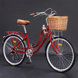 26 Inch 7 Speed Vintage Ladies City Bike with Wicker Basket Retro Step Through Cruiser Bicycle for Women