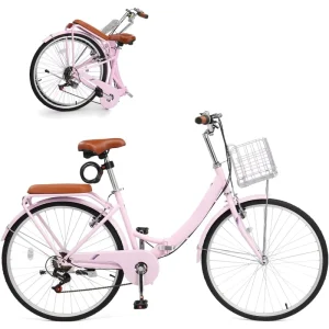 26 Inch Foldable Bike 7 Speed Beach Cruiser Bike with Carbon Steel Frame and Aluminum Alloy Rims Comfort Back Seat for Adults