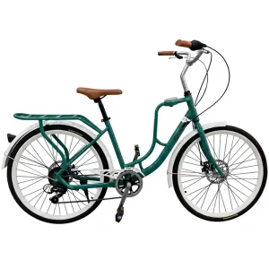 26 Inch Women’s Retro City Commuter Bike Blue Step Through Frame 2.5″ Tires 7 Speed Integrated Rear Rack