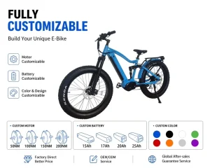 48V 1000W Mid Drive Electric Mountain Bike 26″ Fat Tire 17.4Ah Battery Full Suspension Oil Brake 8-Speed Customizable