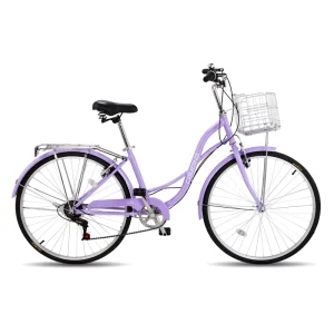 7 Speed Women’s Bicycle Beach Cruiser with Ergonomic Upright Design, Adjustable Saddle, Dual Fenders & V Brake, Purple