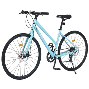 700C Hybrid Mountain Bike 7 Speed Steel Frame 18 Inch Dual Disc Brake Light Blue City Bike for Adults Easy Assembly