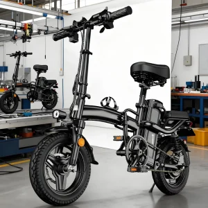 Adult Lithium Battery Electric Brushless Folding Bike 48V 400W 3-Speed Steel Frame Rear Suspension 14″ Fat Tire