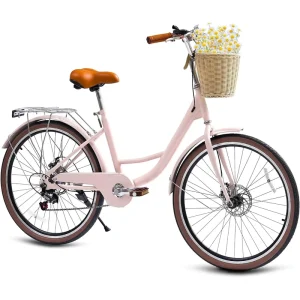 Beach Cruiser Bike for Women 24 26 Inch 7 Speed Commute Bike for Adults Womens Bicycle with Basket and Adjustable Seat
