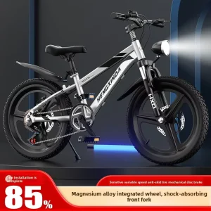Children’s Bicycle 6-12-15 Years Old Boys Girls Mountain Front Suspension Dual Disc Brake High Carbon Steel Frame LED Light