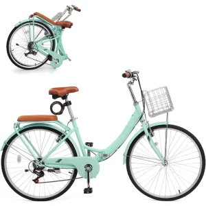 Foldable Beach Cruiser Bike 24 26″ Folding Women’s Bike with 7 Speed Shifting Adjustable Seat V Type Brakes for Women & Adults