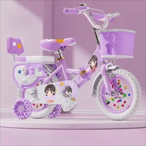 Foldable Boy’s 16″ 4-Wheel Children’s Bicycle with Training Wheels Basket Disc Brakes Carbon Steel Frame for 3-6 Year Olds
