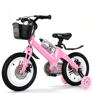 Girls Pink Kids Bicycle 12 Inch Children’s BMX Bike with Basket Training Wheels and Disc Brake for Outdoor Recreation