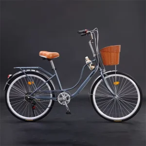 Ladies Step Through City Bike Vintage Commuter Bicycle with Wicker Basket Rear Rack Women Cruiser Bike