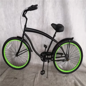 Mens 3-Speed Beach Cruiser Bike 26 Wheel High Rise Handlebar Black Frame with Green Rims Comfortable Bicycle for Adults