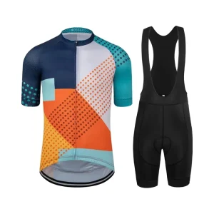 Men’s Casual Breathable Cycling Jersey Shirts Set Summer Padded Bib Shorts with Zipper Pocket Stand Collar Road Bike Jackets