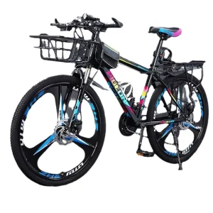 Mountain Bike for Men/Women/Students Geared Cross-Country Front Basket Rear Rack One-Piece Wheel Design Dual Disc