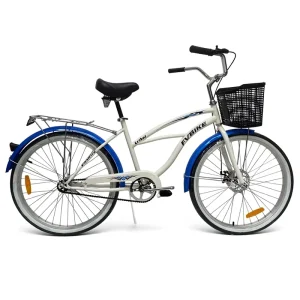 Retro Cruiser Bike 26″ Comfort City Bicycle with Blue Fenders and High-Capacity Front Basket