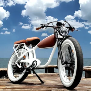 Vintage-Style Electric Cruiser Bicycle, Electric Assist Bike, Large Headlight, Beach Cruiser Fat-Tire Electric Bicycle